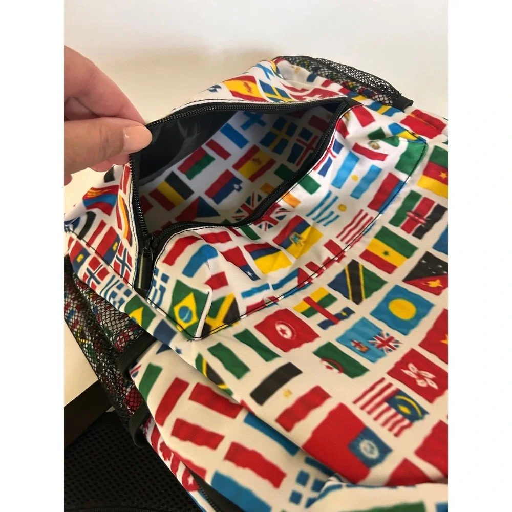 NWT World Flags Backpack Back to School International College Zipper Side Mesh